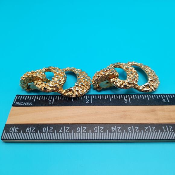 Vintage Brutalist Drop Gold Tone Earrings, Gold Nugget Style, 1980s, 2 Inches - Picture 5 of 8